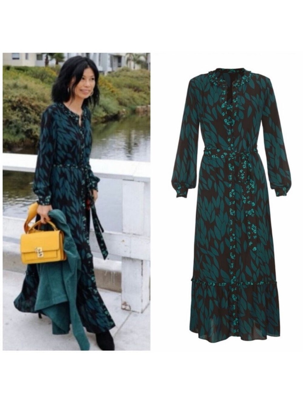 CAbi Teal and Black Leaf Print Long Sleeve Maxi Dress ....It's missing the belt
